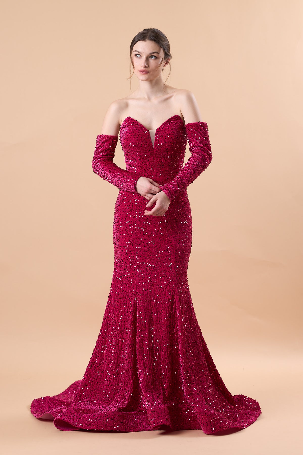 Fuchsia Strapless Sweetheart Detachable Long Sleeve Sequin Mermaid Train Formal Gown | US Sizes | Ship in 72 Hours