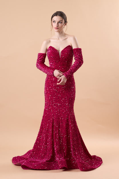 Fuchsia Strapless Sweetheart Detachable Long Sleeve Sequin Mermaid Train Formal Gown | US Sizes | Ship in 72 Hours