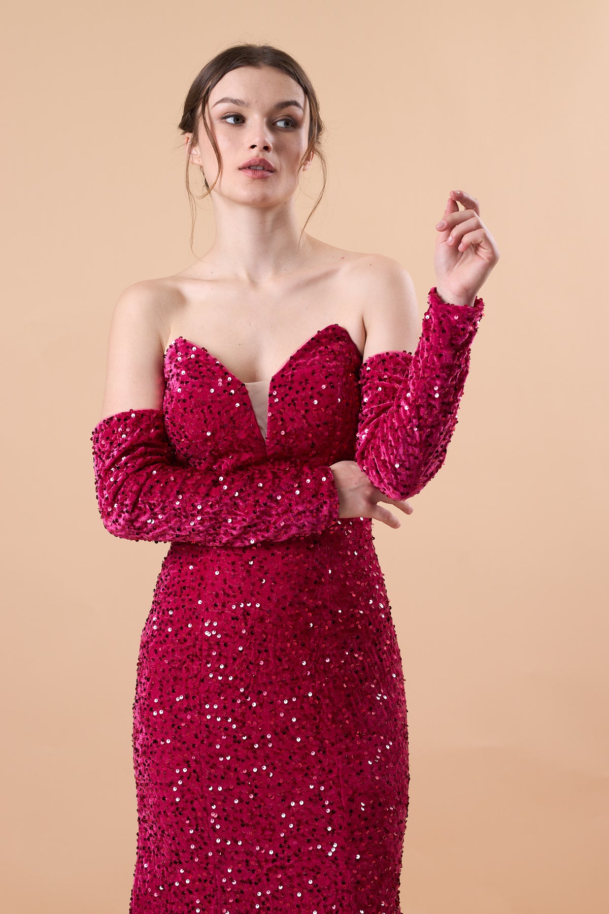 Fuchsia Strapless Sweetheart Detachable Long Sleeve Sequin Mermaid Train Formal Gown | US Sizes | Ship in 72 Hours