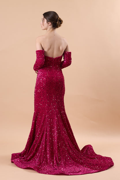 Fuchsia Strapless Sweetheart Detachable Long Sleeve Sequin Mermaid Train Formal Gown | US Sizes | Ship in 72 Hours