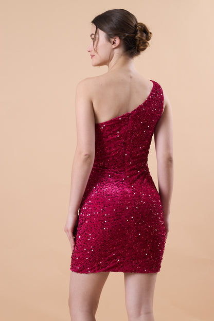Fuchsia One Shoulder Sequin Bodycon Short Homecoming Dress | US Sizes | Ship in 72 Hours