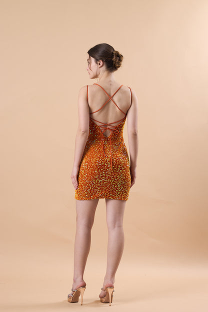 Orange Double Strap Square Neck Sequin Ruched Slit Short Homecoming Dress | US Sizes | Ship in 72 Hours