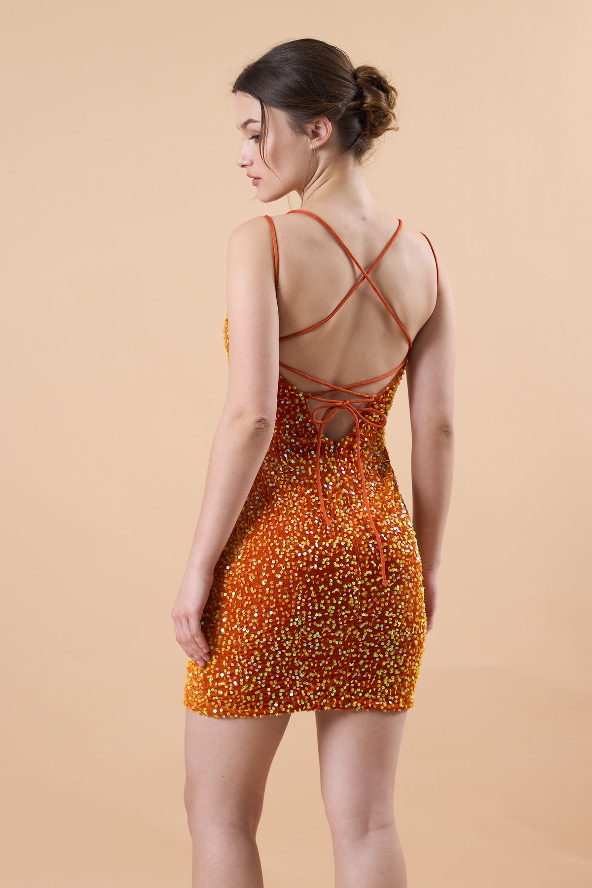 Orange Double Strap Square Neck Sequin Ruched Slit Short Homecoming Dress | US Sizes | Ship in 72 Hours