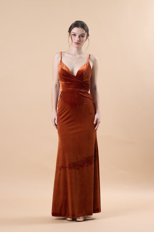 Rust Spaghetti Strap Deep V Velvet Mermaid Maxi Bridesmaid Dress | US Sizes | Ship in 72 Hours