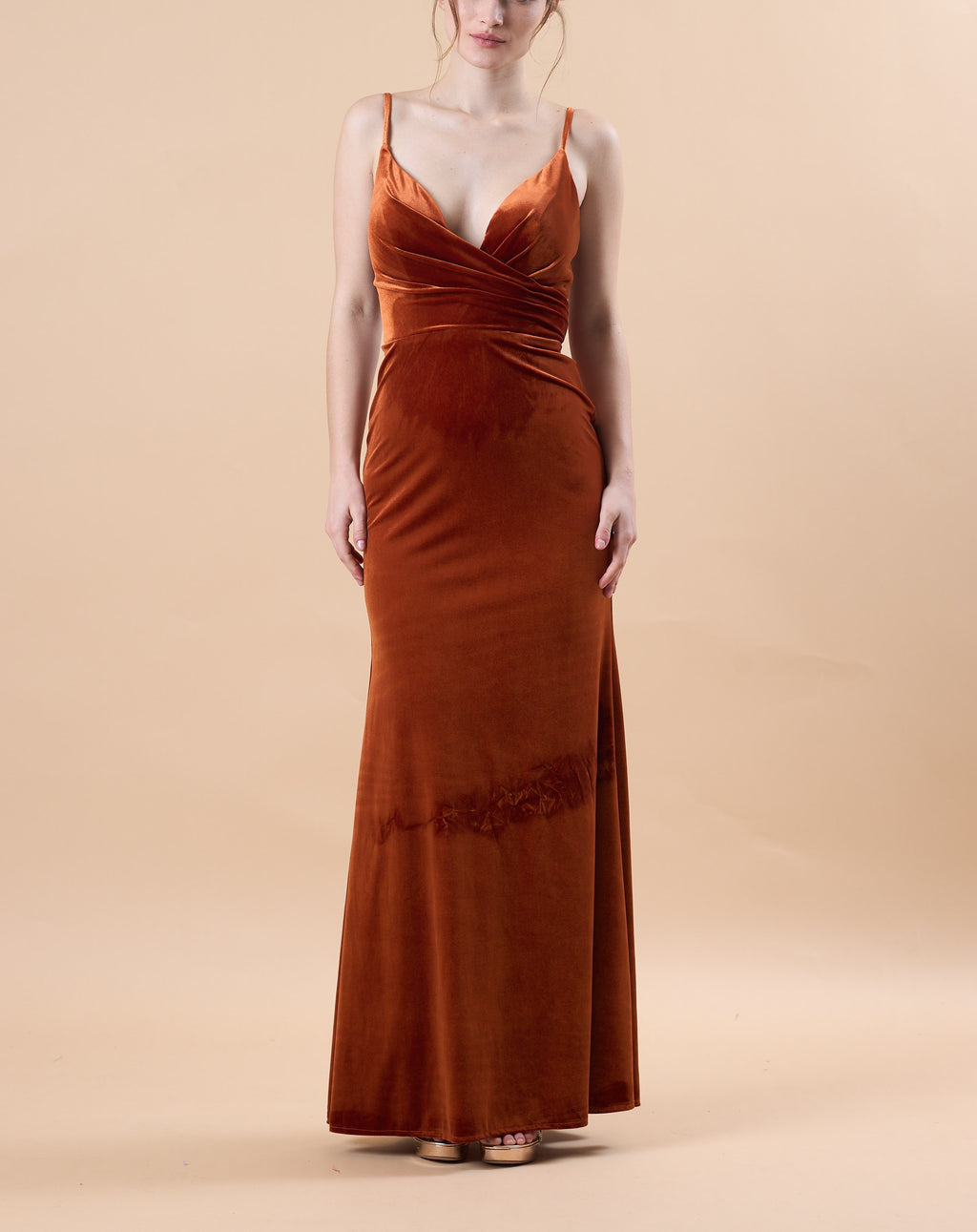 Rust Spaghetti Strap Deep V Velvet Mermaid Maxi Bridesmaid Dress | US Sizes | Ship in 72 Hours