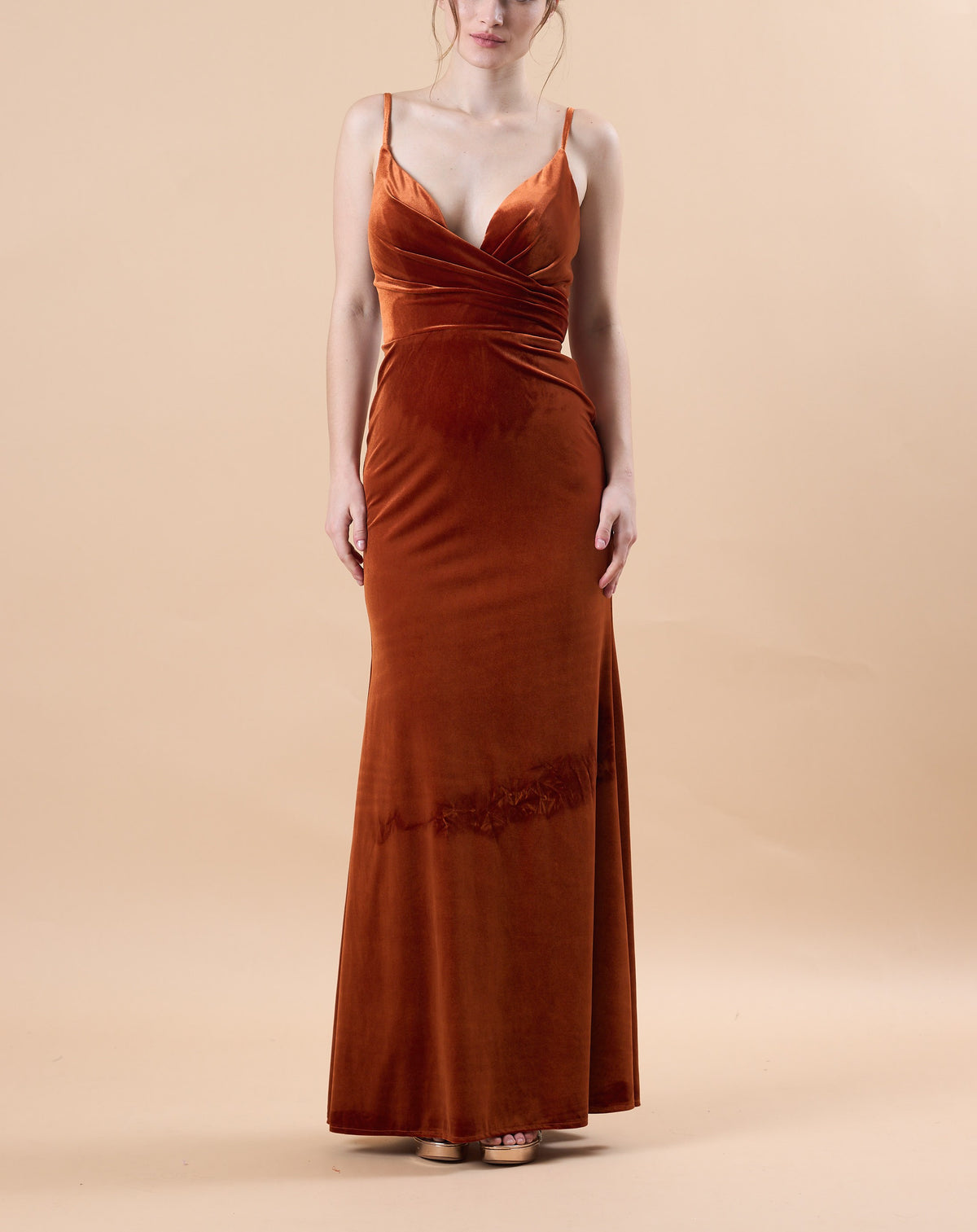 Rust Spaghetti Strap Deep V Velvet Mermaid Maxi Bridesmaid Dress | US Sizes | Ship in 72 Hours