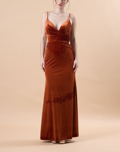 Rust Spaghetti Strap Deep V Velvet Mermaid Maxi Bridesmaid Dress | US Sizes | Ship in 72 Hours