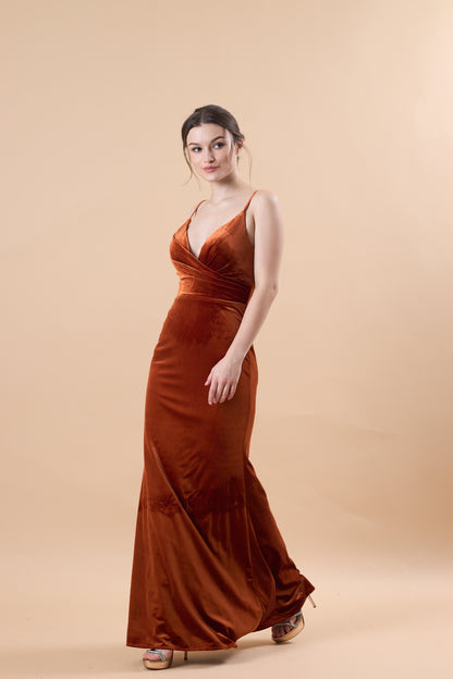 Rust Spaghetti Strap Deep V Velvet Mermaid Maxi Bridesmaid Dress | US Sizes | Ship in 72 Hours