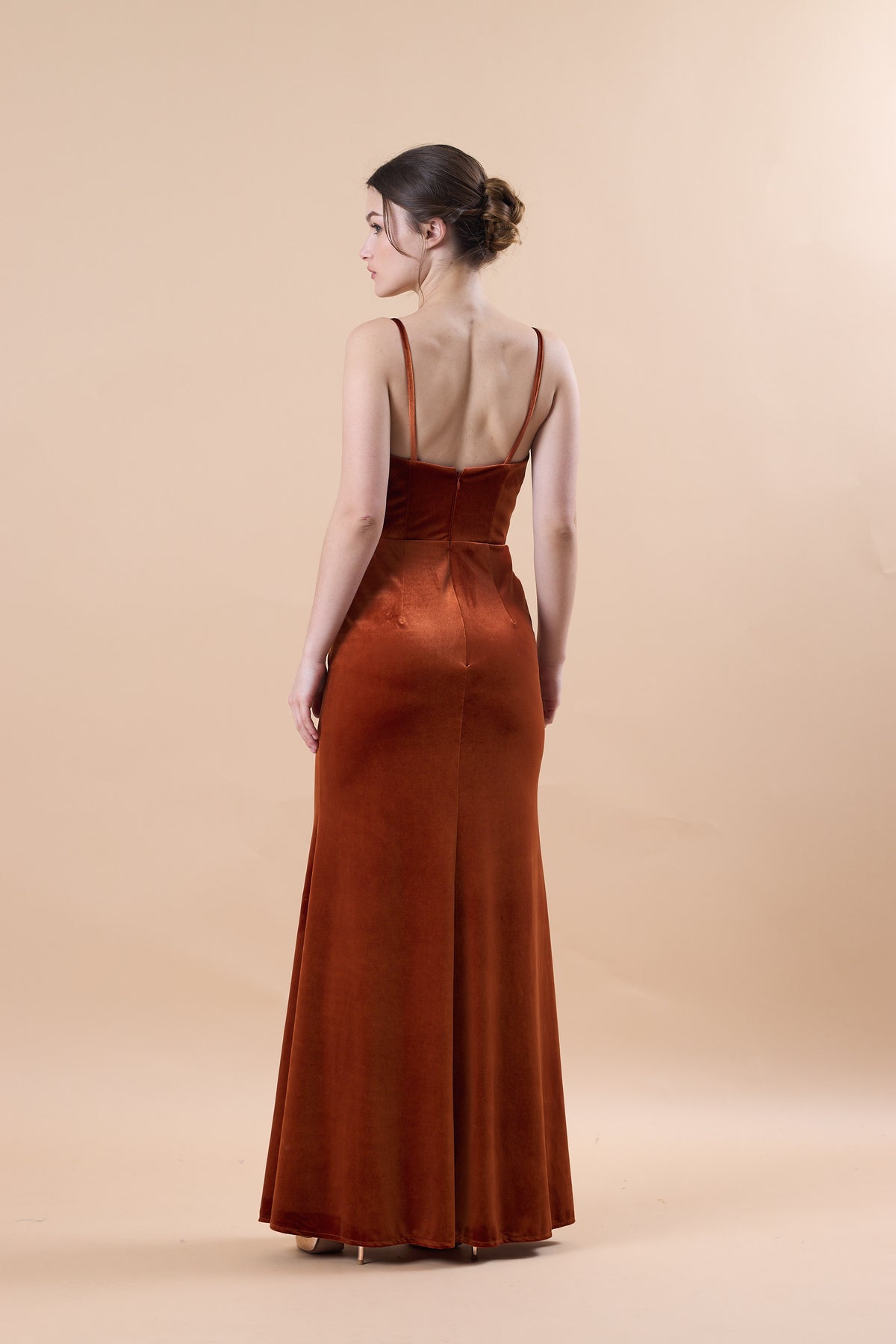 Rust Spaghetti Strap Deep V Velvet Mermaid Maxi Bridesmaid Dress | US Sizes | Ship in 72 Hours