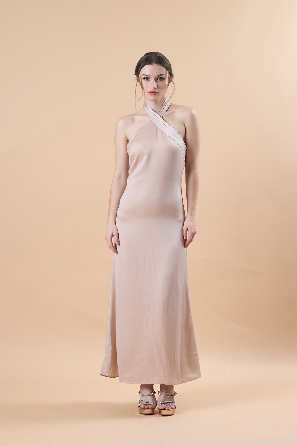 Champagne Halter Neck Satin Maternity Maxi Bridesmaid Dress | US Sizes | Ship in 72 Hours