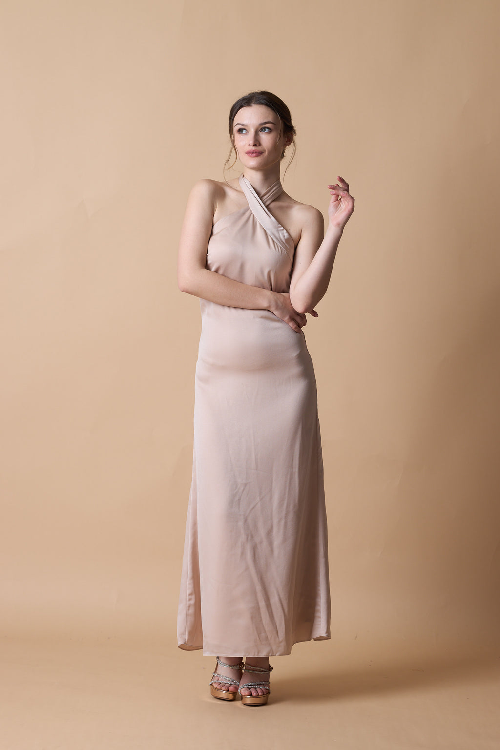 Champagne Halter Neck Satin Maternity Maxi Bridesmaid Dress | US Sizes | Ship in 72 Hours