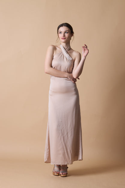 Champagne Halter Neck Satin Maternity Maxi Bridesmaid Dress | US Sizes | Ship in 72 Hours