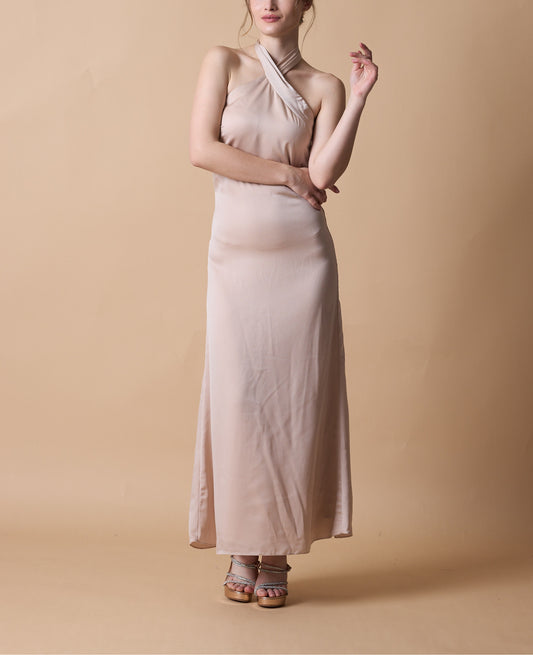 Champagne Halter Neck Satin Maternity Maxi Bridesmaid Dress | US Sizes | Ship in 72 Hours
