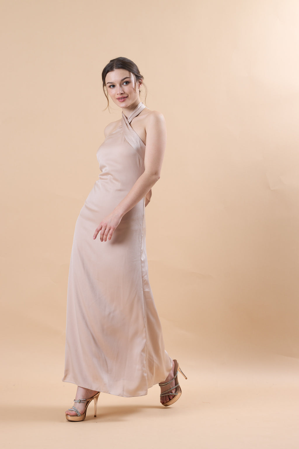 Champagne Halter Neck Satin Maternity Maxi Bridesmaid Dress | US Sizes | Ship in 72 Hours