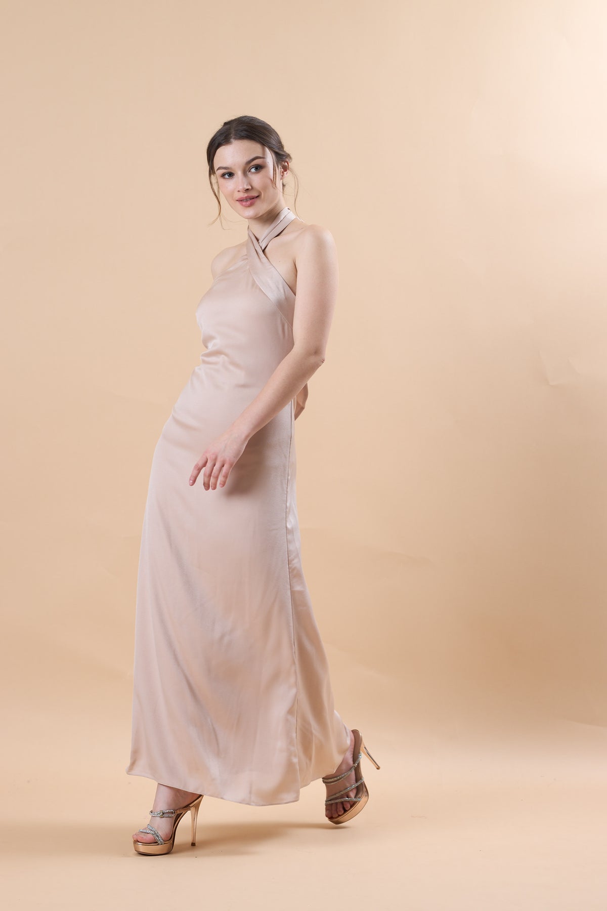 Champagne Halter Neck Satin Maternity Maxi Bridesmaid Dress | US Sizes | Ship in 72 Hours