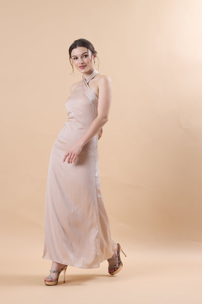 Champagne Halter Neck Satin Maternity Maxi Bridesmaid Dress | US Sizes | Ship in 72 Hours