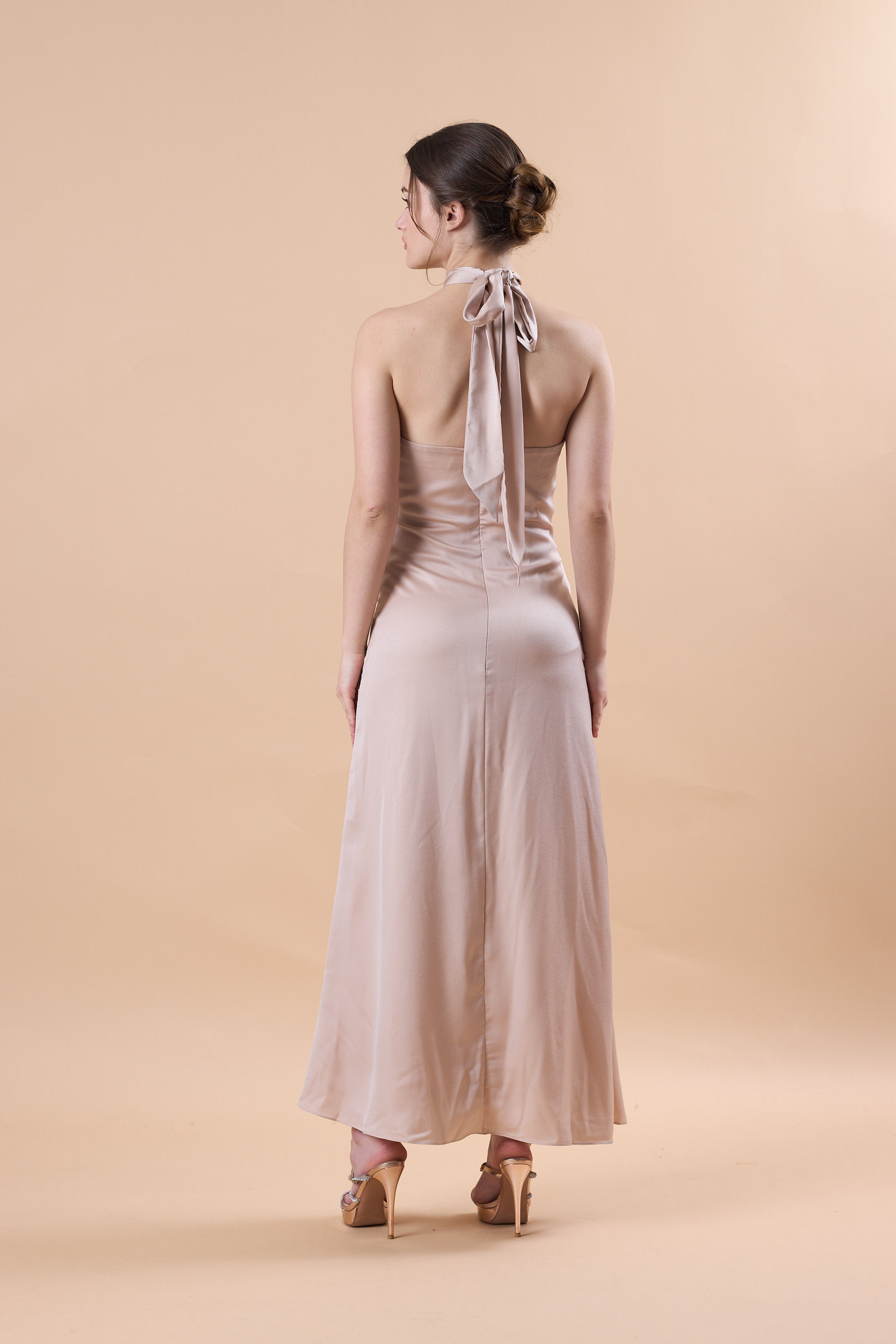 Champagne Halter Neck Satin Maternity Maxi Bridesmaid Dress | US Sizes | Ship in 72 Hours