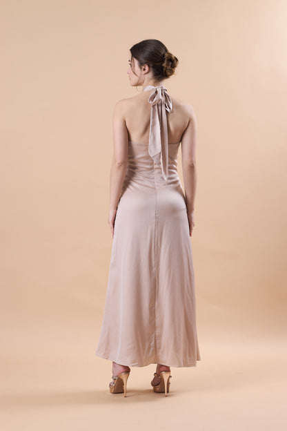 Champagne Halter Neck Satin Maternity Maxi Bridesmaid Dress | US Sizes | Ship in 72 Hours