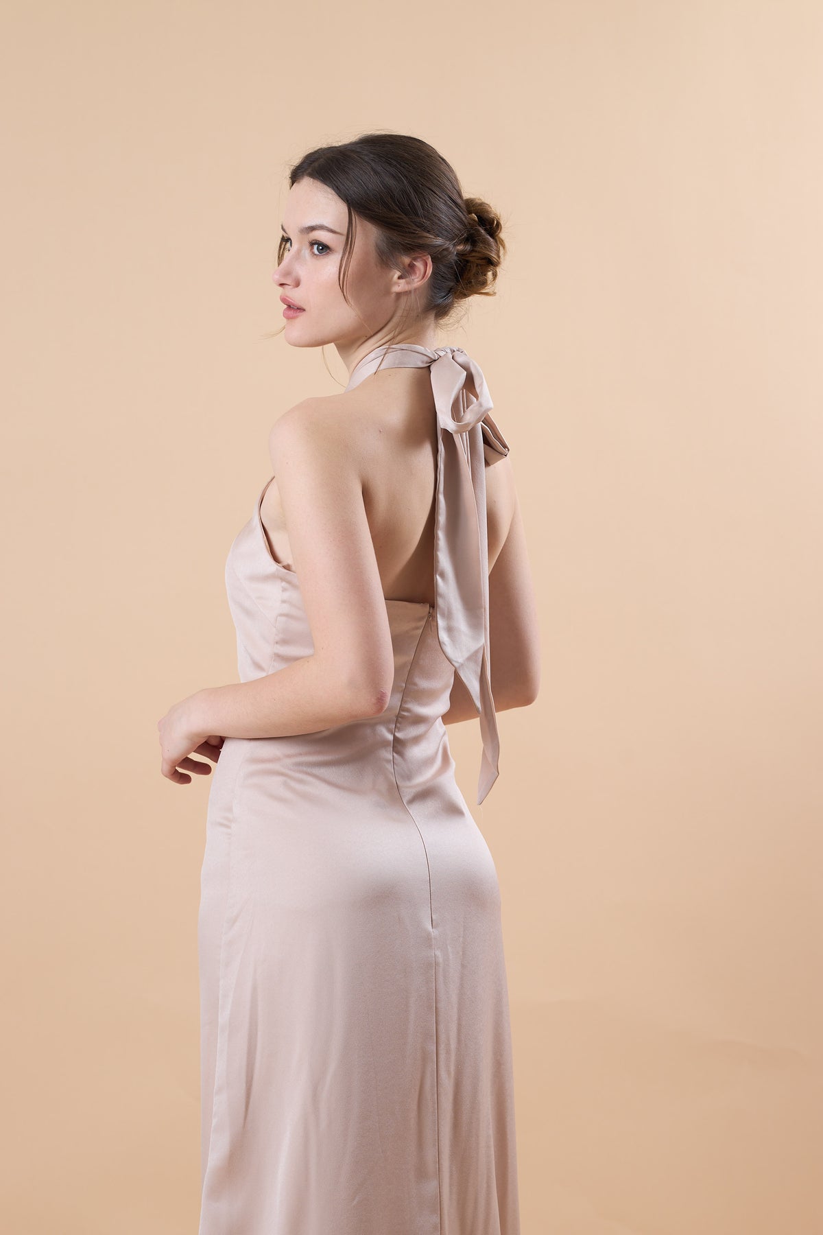 Champagne Halter Neck Satin Maternity Maxi Bridesmaid Dress | US Sizes | Ship in 72 Hours