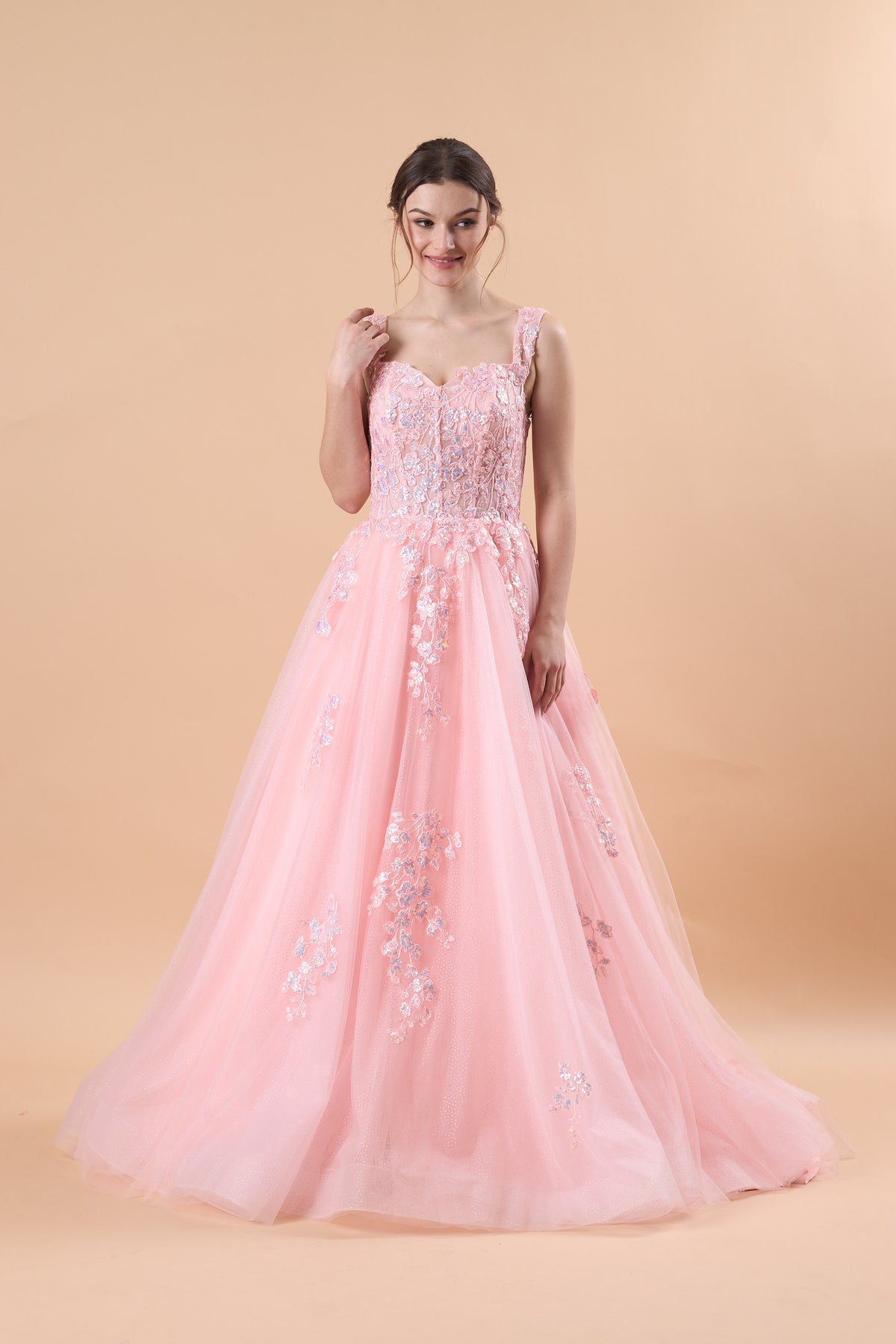 Pink Sweetheart Strap Floral Lace Appliqué Tulle Ball Gown Formal Prom Dress | US Sizes | Ship in 72 Hours