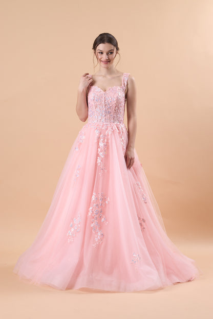 Pink Sweetheart Strap Floral Lace Appliqué Tulle Ball Gown Formal Prom Dress | US Sizes | Ship in 72 Hours