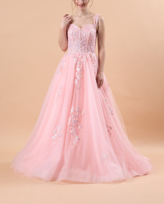 Pink Sweetheart Strap Floral Lace Appliqué Tulle Ball Gown Formal Prom Dress | US Sizes | Ship in 72 Hours