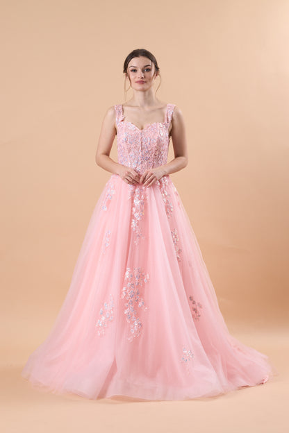 Pink Sweetheart Strap Floral Lace Appliqué Tulle Ball Gown Formal Prom Dress | US Sizes | Ship in 72 Hours
