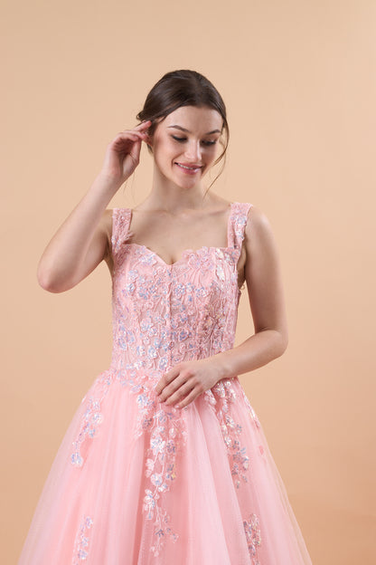 Pink Sweetheart Strap Floral Lace Appliqué Tulle Ball Gown Formal Prom Dress | US Sizes | Ship in 72 Hours