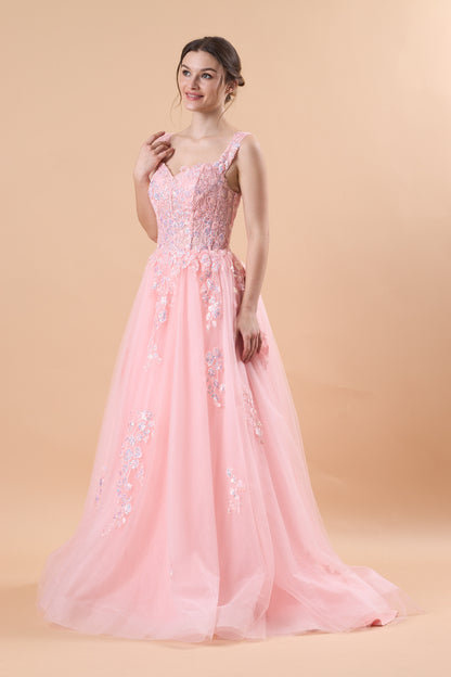 Pink Sweetheart Strap Floral Lace Appliqué Tulle Ball Gown Formal Prom Dress | US Sizes | Ship in 72 Hours