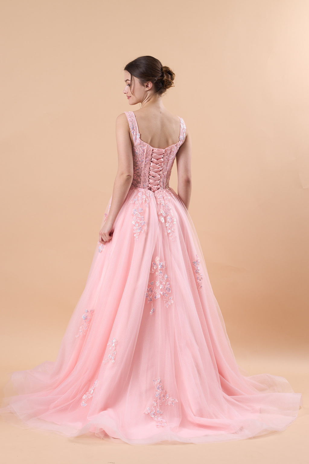 Pink Sweetheart Strap Floral Lace Appliqué Tulle Ball Gown Formal Prom Dress | US Sizes | Ship in 72 Hours