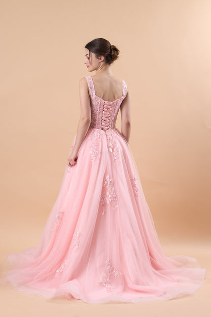 Pink Sweetheart Strap Floral Lace Appliqué Tulle Ball Gown Formal Prom Dress | US Sizes | Ship in 72 Hours