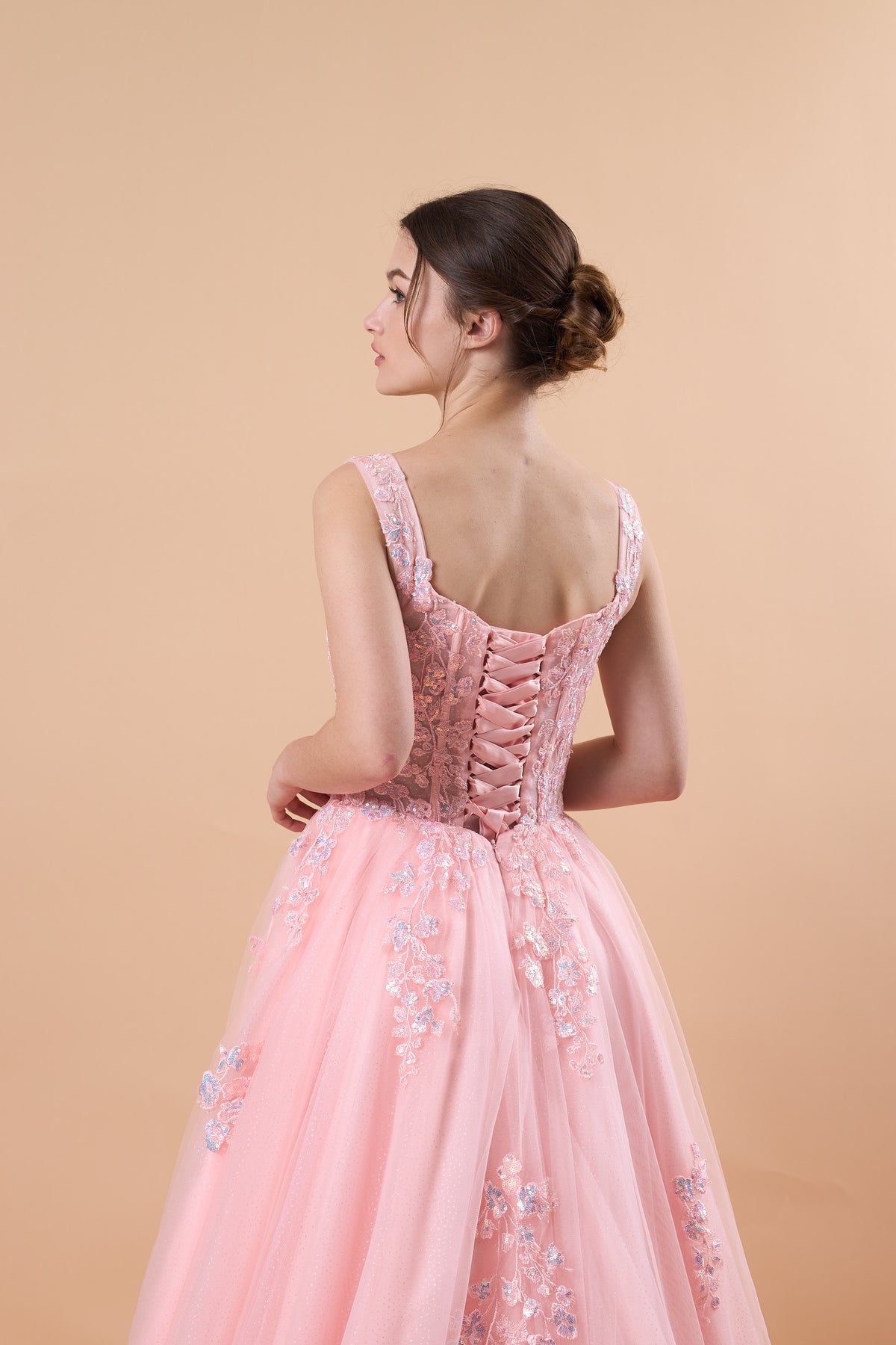 Pink Sweetheart Strap Floral Lace Appliqué Tulle Ball Gown Formal Prom Dress | US Sizes | Ship in 72 Hours