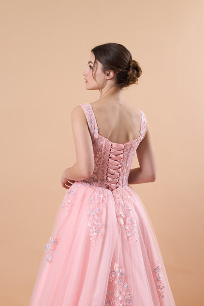 Pink Sweetheart Strap Floral Lace Appliqué Tulle Ball Gown Formal Prom Dress | US Sizes | Ship in 72 Hours