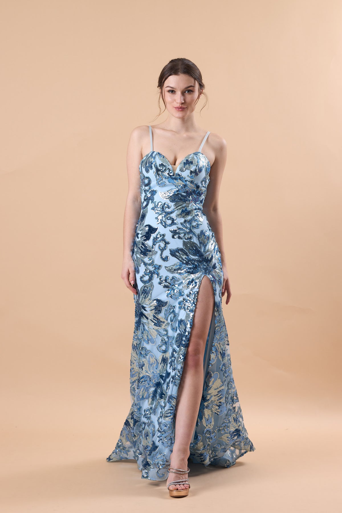 72‑Hour Dispatch Light Blue Floral Sequin Mermaid Prom Dress Sweetheart Spaghetti Strap High Slit Evening Gown