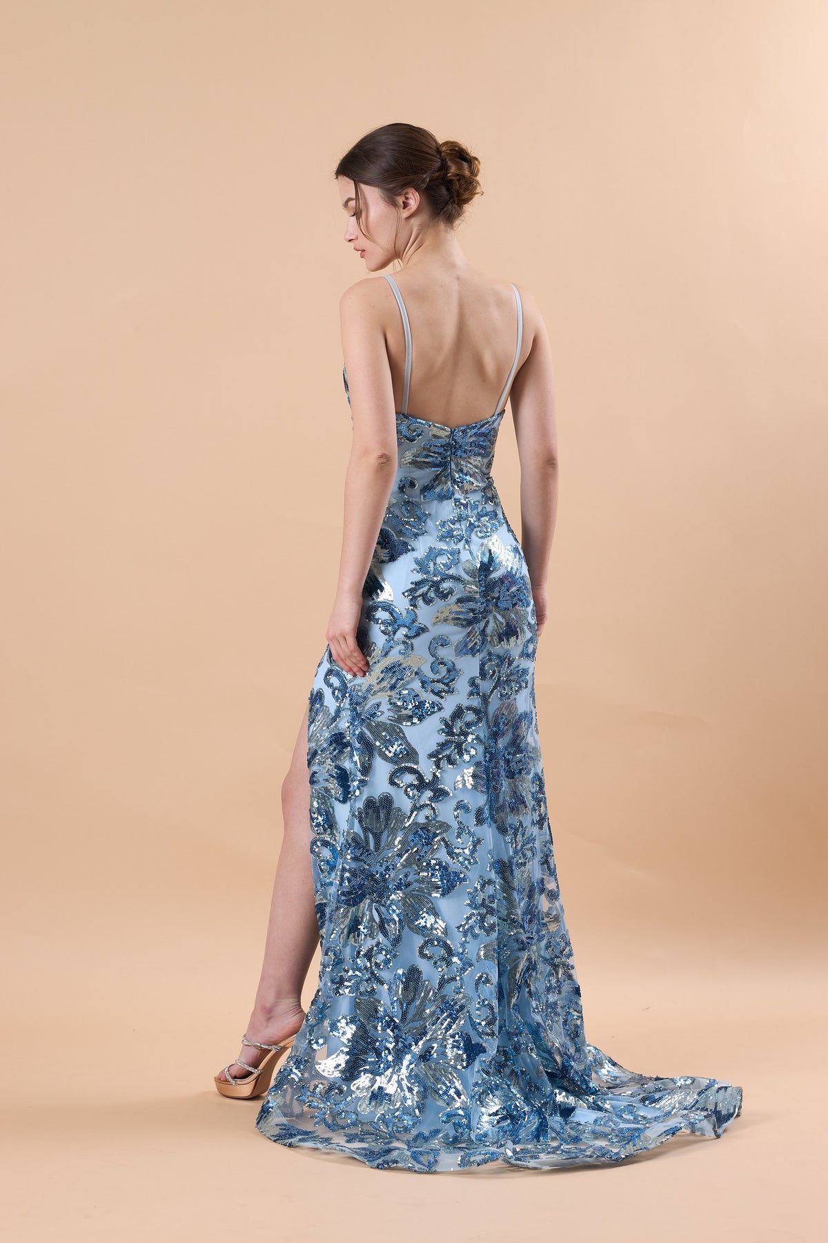 72‑Hour Dispatch Light Blue Floral Sequin Mermaid Prom Dress Sweetheart Spaghetti Strap High Slit Evening Gown
