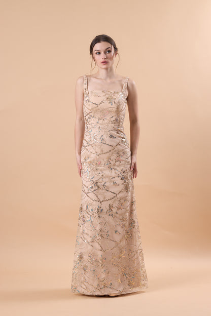 72‑Hour Dispatch Champagne Sequin Lace Mermaid Maxi Dress Square Neck Sleeveless Formal Evening Gown