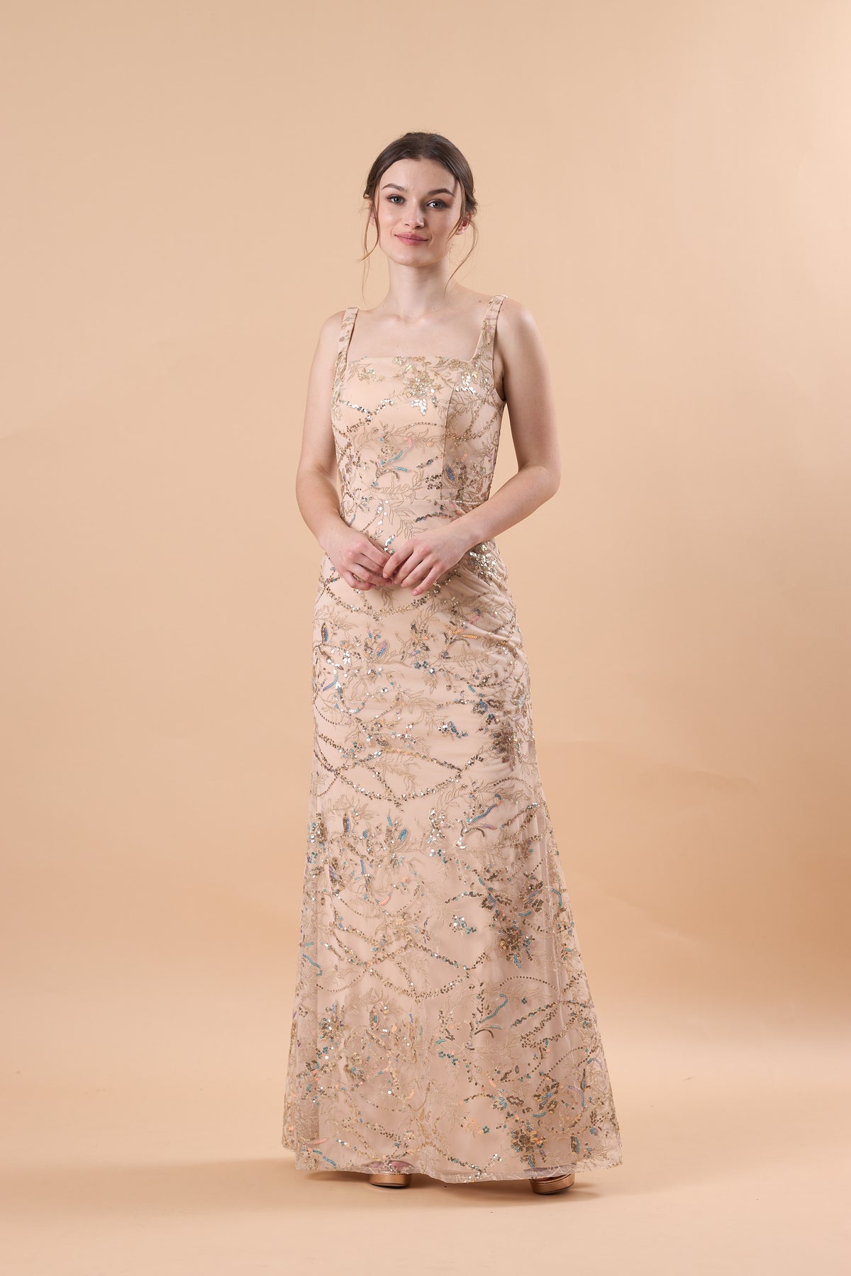 72‑Hour Dispatch Champagne Sequin Lace Mermaid Maxi Dress Square Neck Sleeveless Formal Evening Gown