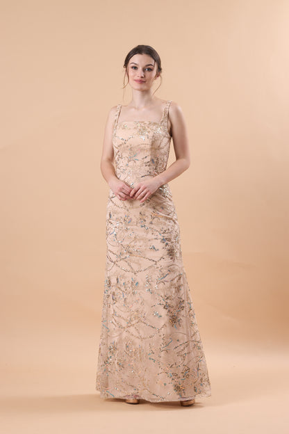 72‑Hour Dispatch Champagne Sequin Lace Mermaid Maxi Dress Square Neck Sleeveless Formal Evening Gown