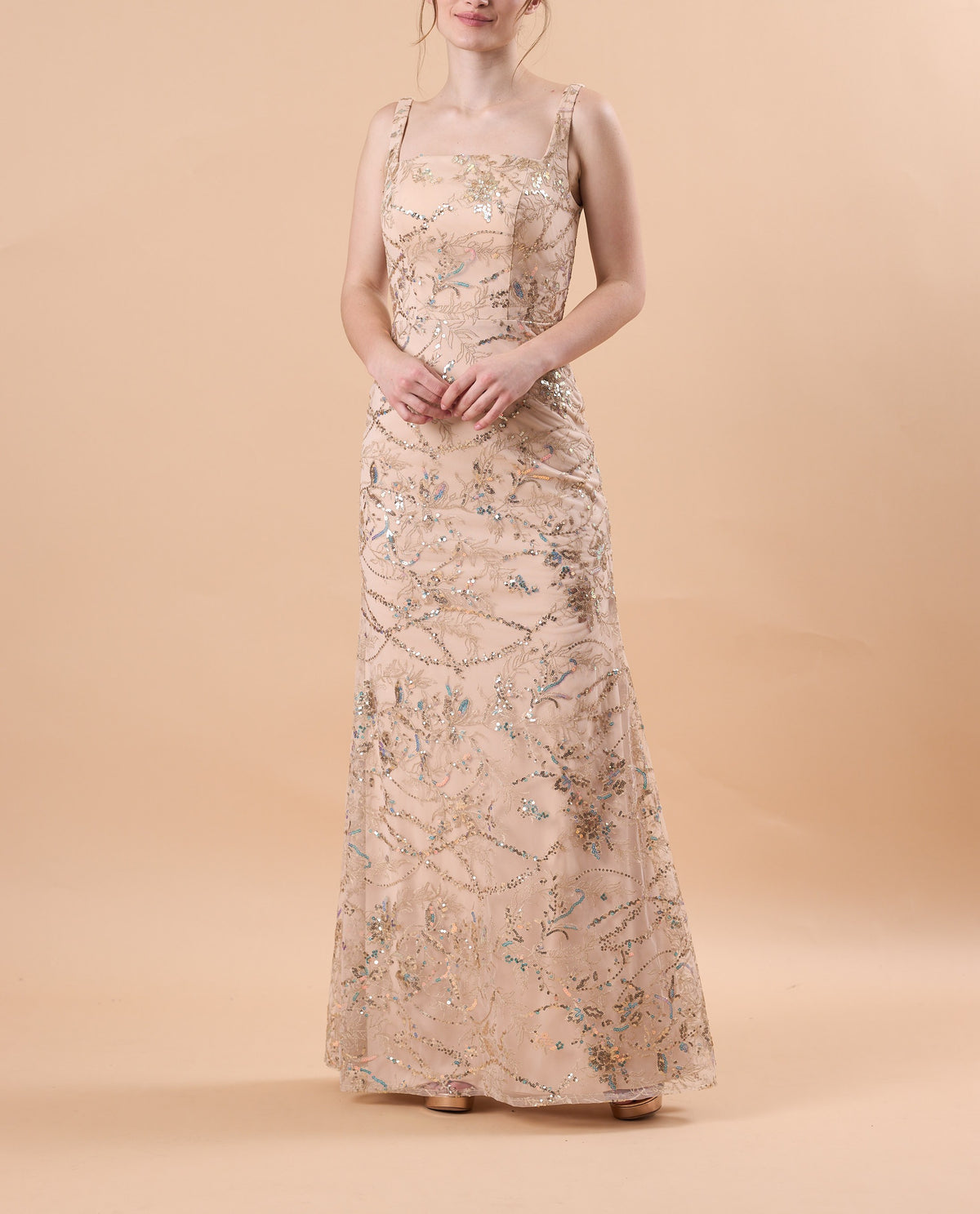 72‑Hour Dispatch Champagne Sequin Lace Mermaid Maxi Dress Square Neck Sleeveless Formal Evening Gown