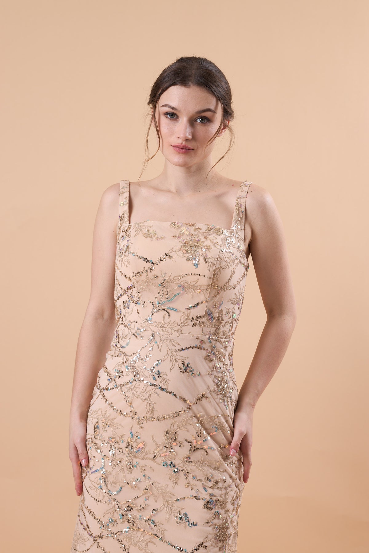 72‑Hour Dispatch Champagne Sequin Lace Mermaid Maxi Dress Square Neck Sleeveless Formal Evening Gown