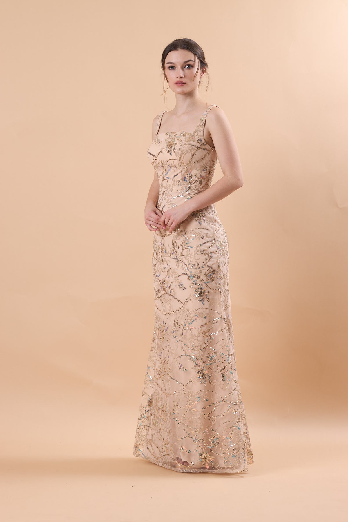 72‑Hour Dispatch Champagne Sequin Lace Mermaid Maxi Dress Square Neck Sleeveless Formal Evening Gown