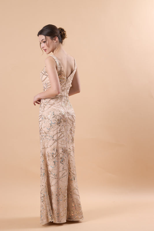 72‑Hour Dispatch Champagne Sequin Lace Mermaid Maxi Dress Square Neck Sleeveless Formal Evening Gown