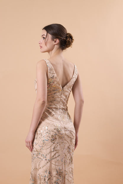 72‑Hour Dispatch Champagne Sequin Lace Mermaid Maxi Dress Square Neck Sleeveless Formal Evening Gown