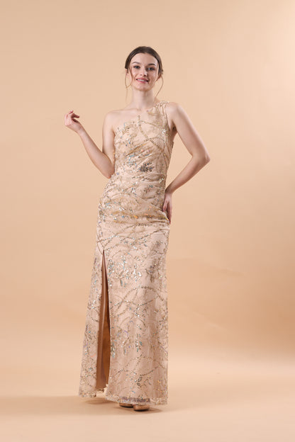 72‑Hour Dispatch Champagne Sequin Lace One‑Shoulder Mermaid Maxi Dress With Slit Formal Evening Gown
