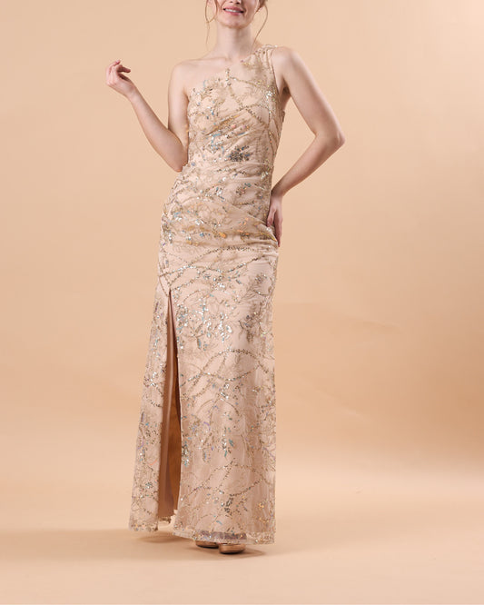 72‑Hour Dispatch Champagne Sequin Lace One‑Shoulder Mermaid Maxi Dress With Slit Formal Evening Gown