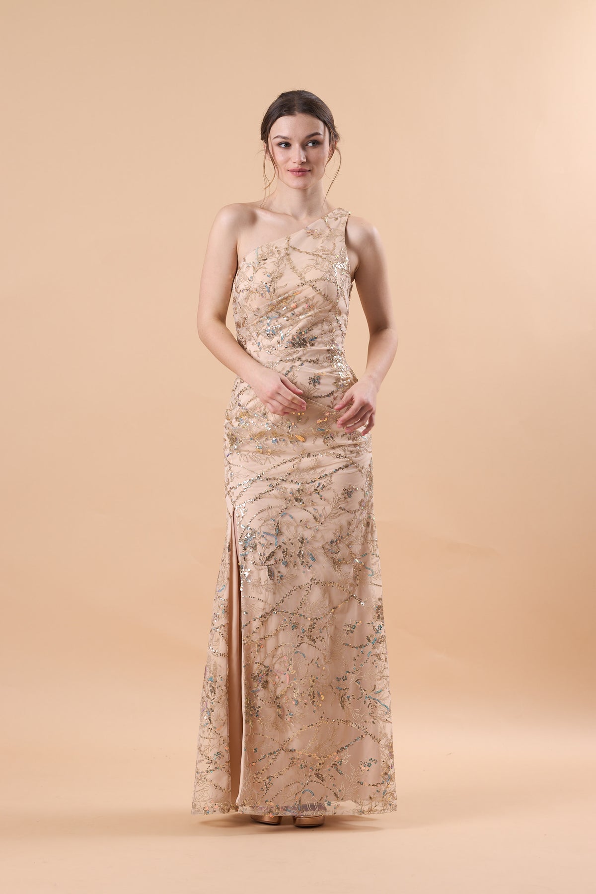 72‑Hour Dispatch Champagne Sequin Lace One‑Shoulder Mermaid Maxi Dress With Slit Formal Evening Gown