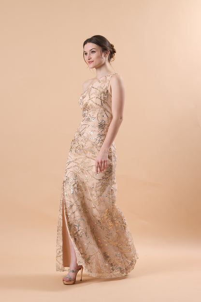 72‑Hour Dispatch Champagne Sequin Lace One‑Shoulder Mermaid Maxi Dress With Slit Formal Evening Gown