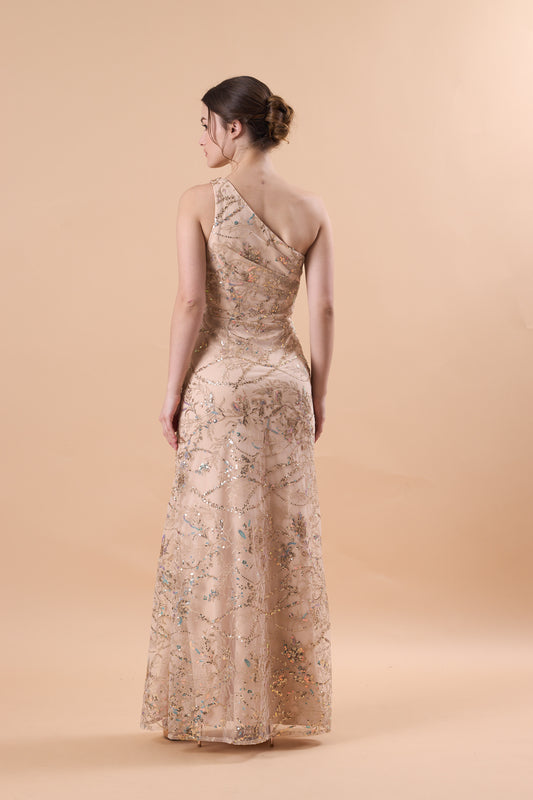 72‑Hour Dispatch Champagne Sequin Lace One‑Shoulder Mermaid Maxi Dress With Slit Formal Evening Gown