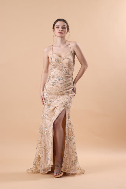 72‑Hour Dispatch Champagne Sequin Mermaid Formal Dress Spaghetti Strap V‑Neck High Slit Evening Gown