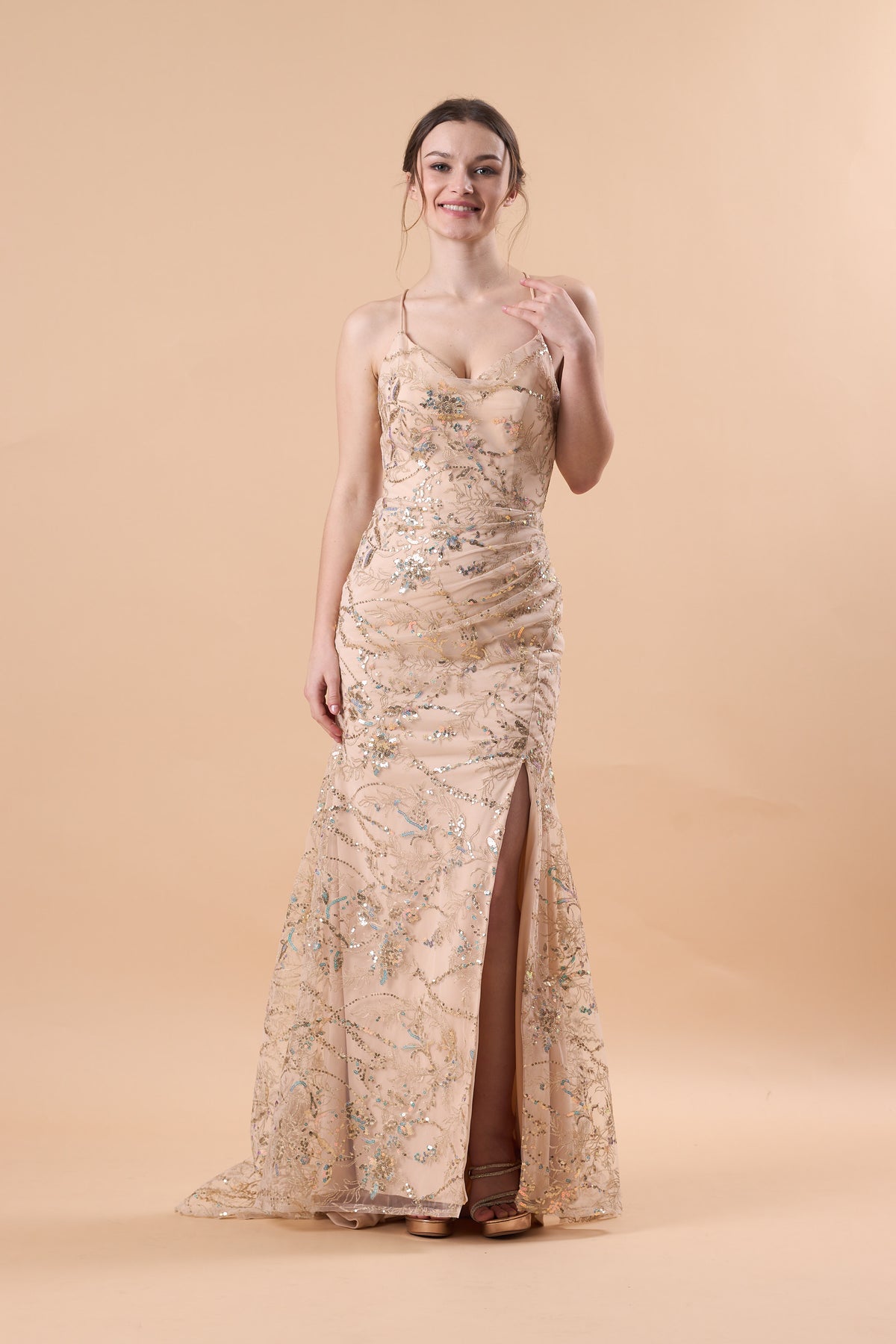 72‑Hour Dispatch Champagne Sequin Mermaid Formal Dress Spaghetti Strap V‑Neck High Slit Evening Gown